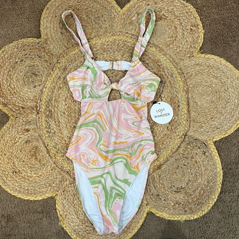 Lost + Wander Radiant River One Piece Marble Retro Print Pink Swimsuit Sz S NWT